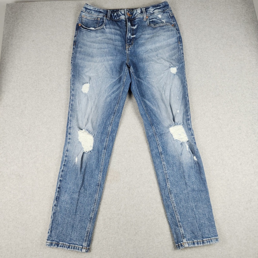 Maurices Jeans Women 14L Blue Denim Whiskered High Rise Straight Boho Distressed
